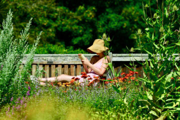 A young lady reading in a botanical garden.